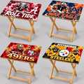 Four football folding tray tables with Alabama, Auburn, 49ers, and Steelers designs and natural-tone legs