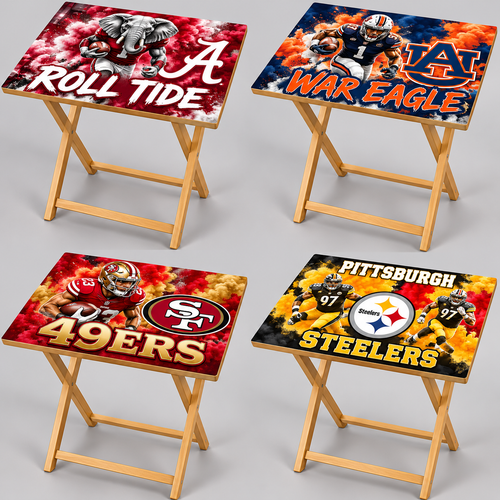 Four football folding tray tables with Alabama, Auburn, 49ers, and Steelers designs and natural-tone legs