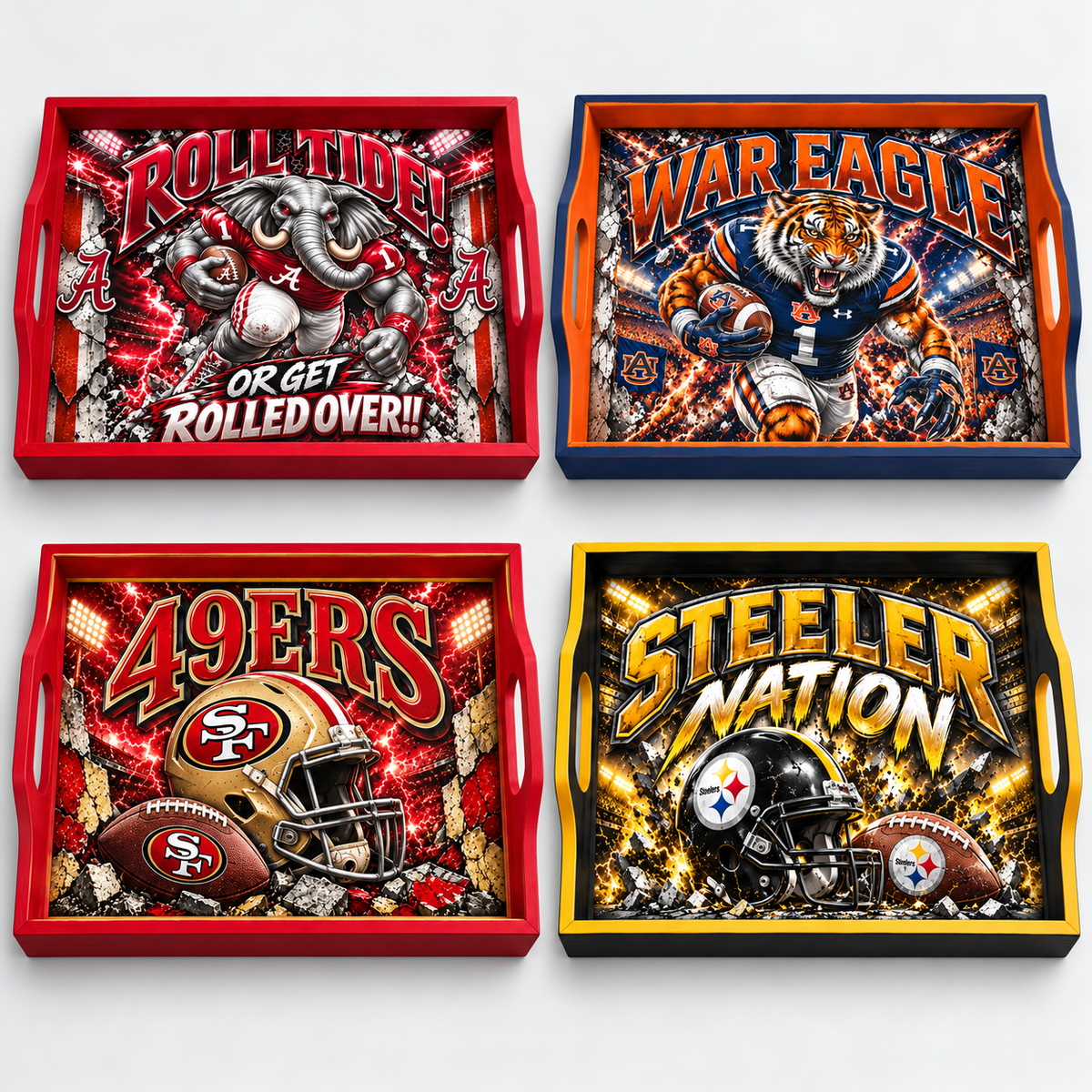 Four sports serving trays showing Alabama, Auburn, San Francisco 49ers, and Pittsburgh Steelers designs